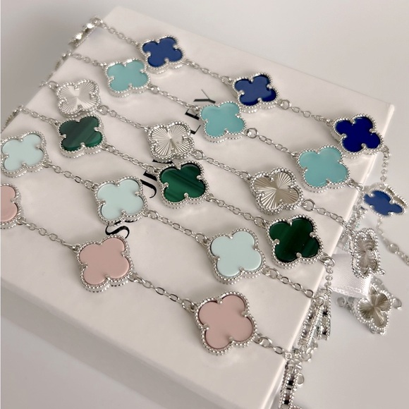 Blue Clover Bracelet Double Sided Silver Color Chain Four Leaf Platinum Plated - Picture 8 of 11